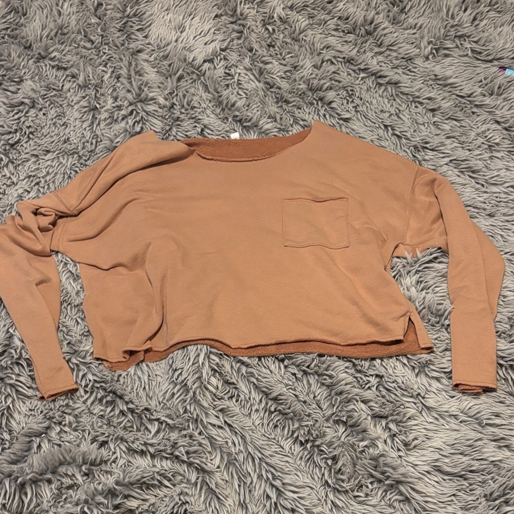 Aerie Brown Off-The-Shoulder Crop Top Sweatshirt with Pocket